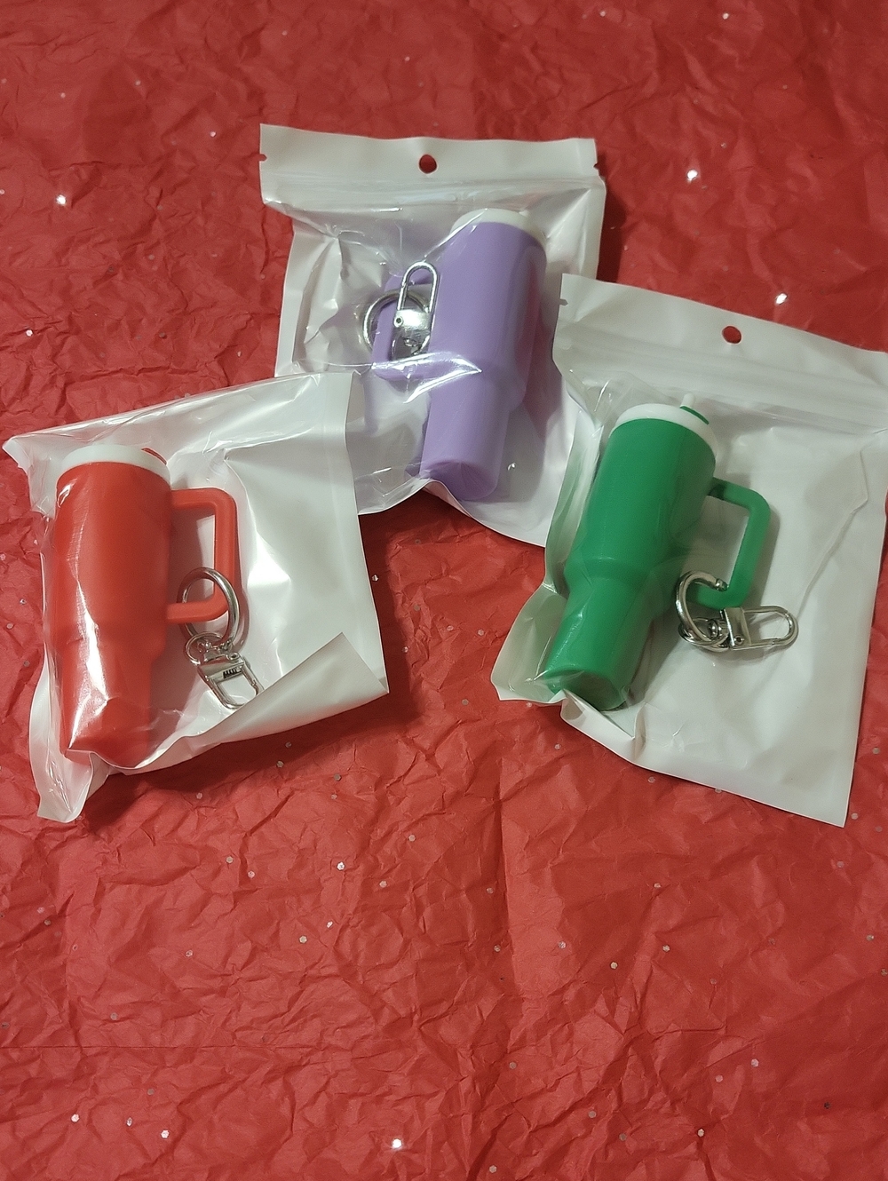 Mini Tumbler Keychain Trio - Red, Purple, Green, They Open Up